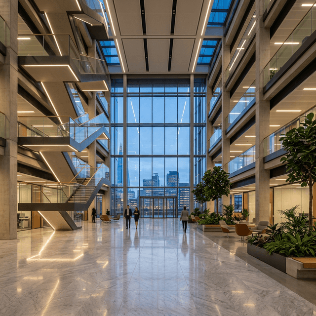 Atrio corporativo limpio y luminoso como referencia ambiental